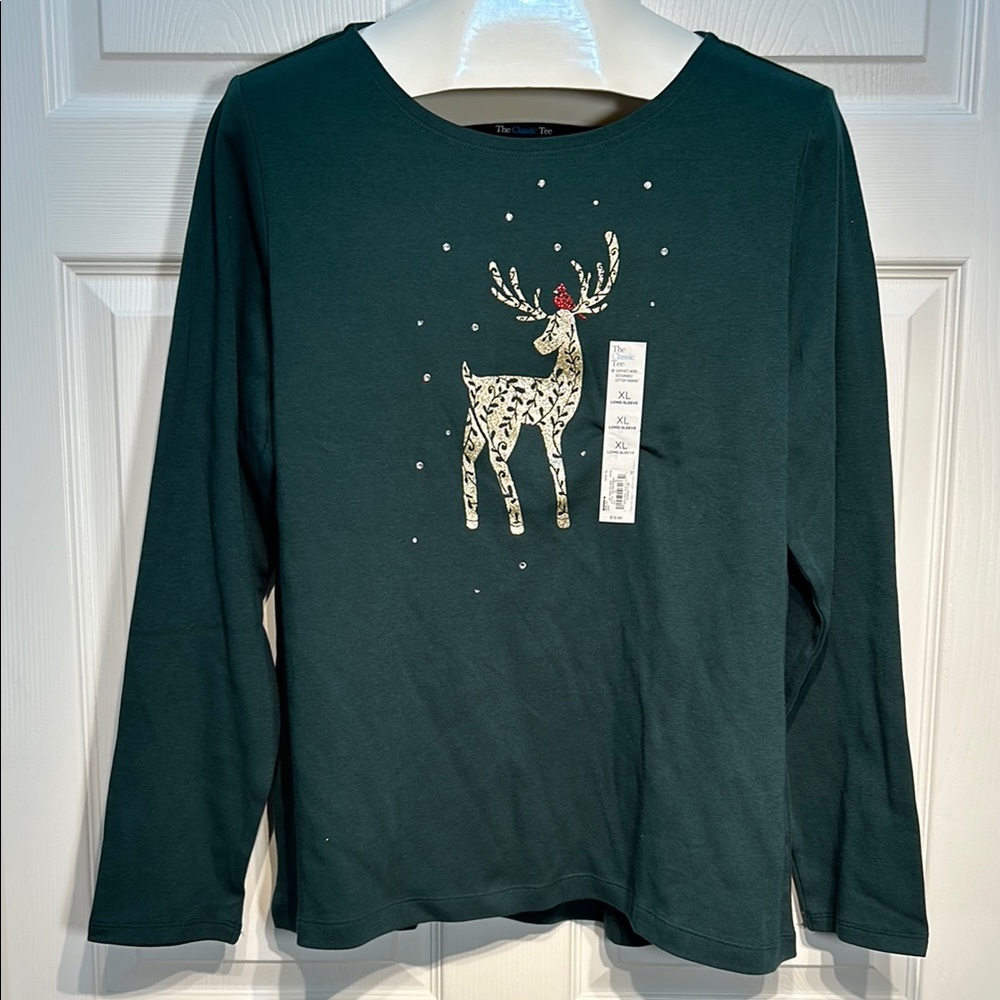 Croft & Barrow Green Reindeer Long Sleeve Shirt Size XL